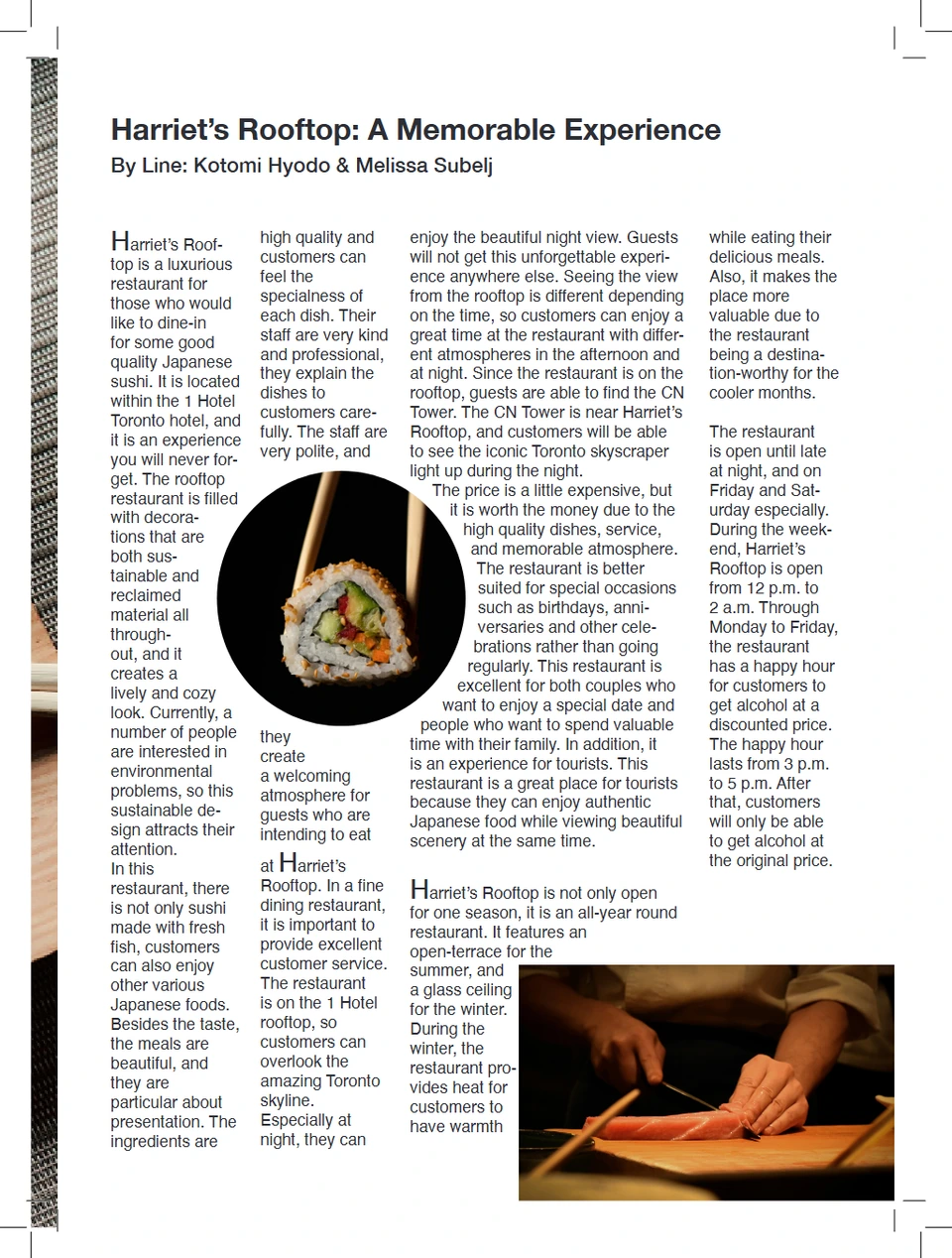 Harriet’s Rooftop article with narrow text columns, sushi photographs and a byline naming Kotomi Hyodo and Melissa Subelj.