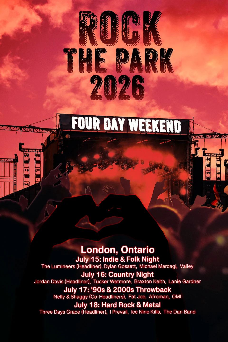 Rock the Park 2026 poster with red concert lighting, a stage, crowd silhouettes and a four-day lineup for London, Ontario.