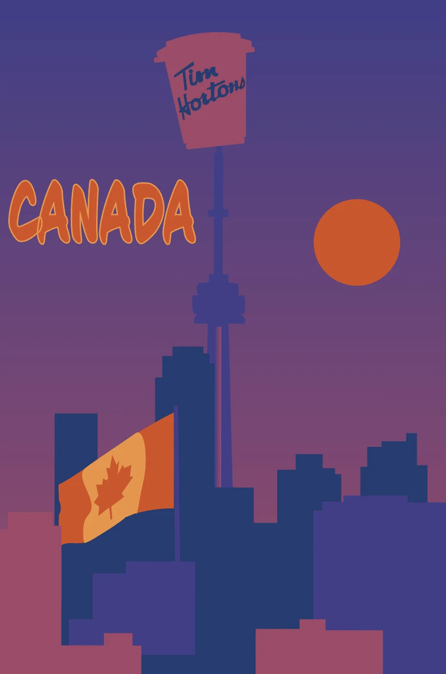 Purple and blue Toronto skyline illustration with an orange sun, Canadian flag and a coffee cup above the CN Tower.